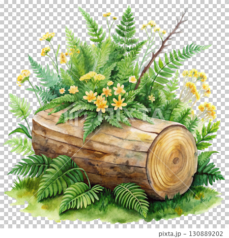 A watercolor illustration of a wooden log surrounded by bright yellow clipart watercolor white background A watercolor illustration of a wooden log surrounded by bright yellow clipart watercolor white background 130889202