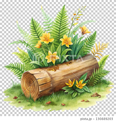 A watercolor illustration of a wooden log surrounded by bright yellow clipart watercolor white background  130889203