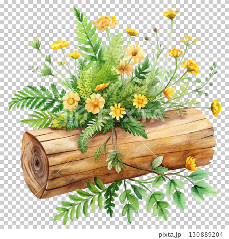 A watercolor illustration of a wooden log surrounded by bright yellow clipart watercolor white background  130889204