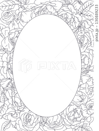 Beautiful hand drawn line art black and white rose flowers and leaves vertical oval frame Beautiful hand drawn line art black and white rose flowers and leaves vertical oval frame 130889233