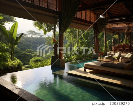 A spa hotel in the jungle. A relaxation area by the pool and tropical plants with comfortable sun loungers. A luxurious vacation. A tourist paradise is ideal for relaxation and honeymoon 130889279