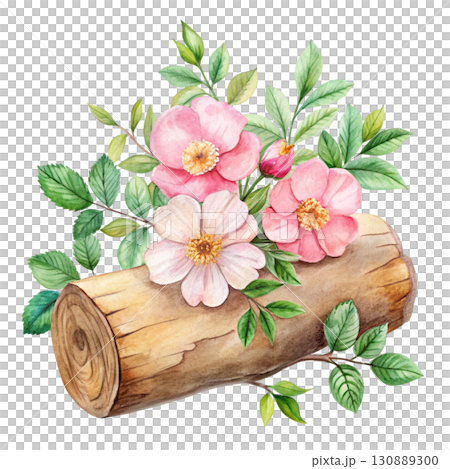A watercolor illustration of a wooden log surrounded by soft pastel pink wildflowers clipart watercolor white background  130889300