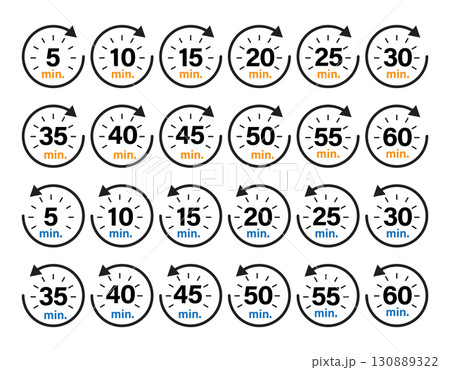 Fast forward and rewind icons with circle arrows and minute numbers. Fast forward and rewind icons with circle arrows and minute numbers. 130889322