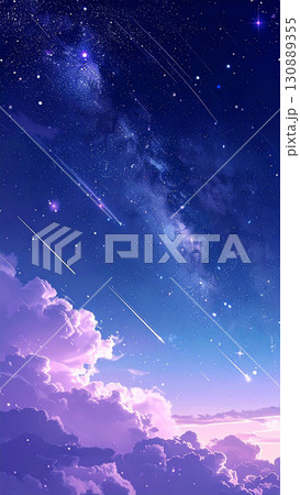 流星群と天の川が輝く幻想的な夕暮れの空のイラスト 130889355