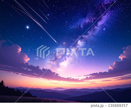 流星群と天の川が輝く幻想的な夕暮れの空のイラスト 130889357