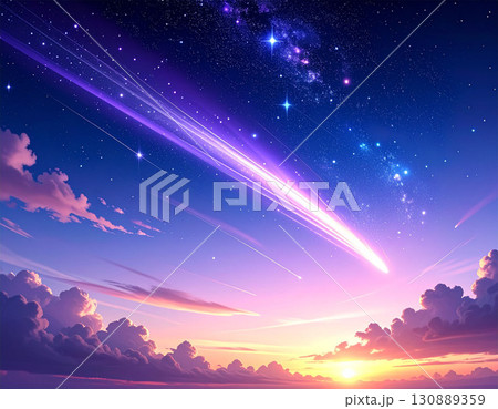 流星群と天の川が輝く幻想的な夕暮れの空のイラスト 130889359