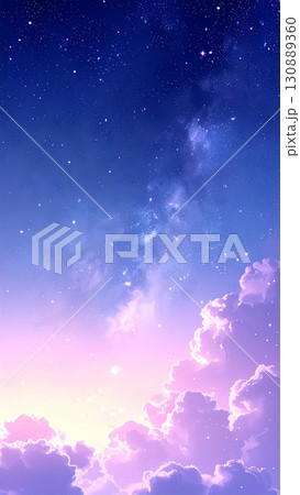 流星群と天の川が輝く幻想的な夕暮れの空のイラスト 130889360