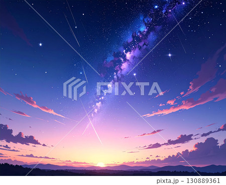 流星群と天の川が輝く幻想的な夕暮れの空のイラスト 130889361