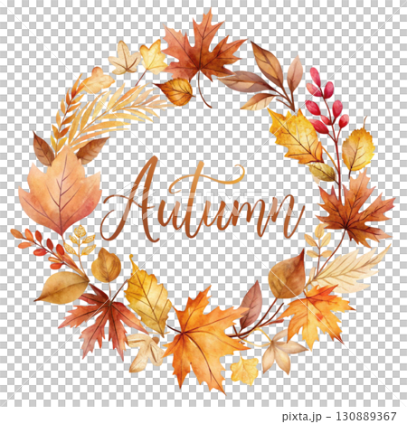 Autumn leaves illustration in warm earthy tones the word Autumn designed clipart watercolor white background  130889367