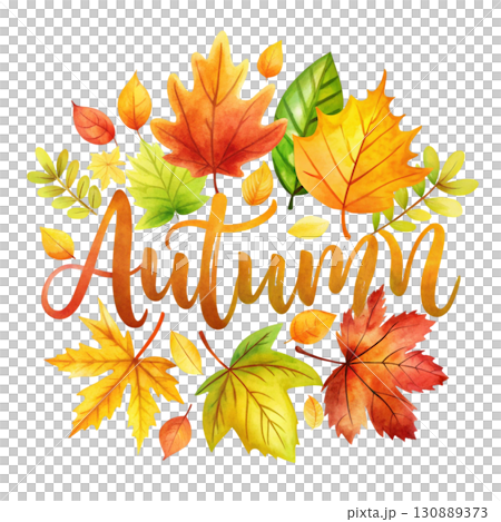 Autumn leaves illustration in warm earthy tones the word Autumn designed clipart watercolor white background  130889373