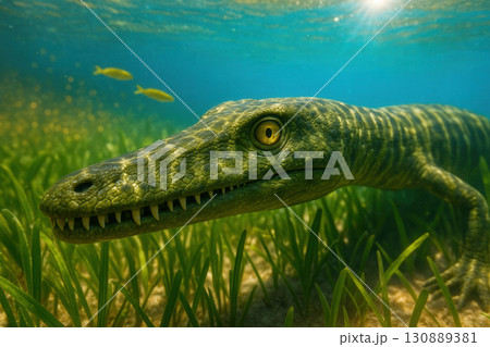 Nothosaurus Gliding Through Sunlit Seagrass In Shallow Water 130889381