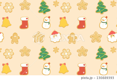 可愛いクリスマスアイシングクッキーのパターン背景（オレンジ）,ジンジャーブレッド,星,サンタ, 130889393