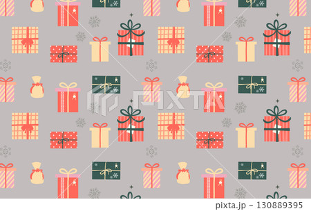カラフルなクリスマスプレゼントボックスの背景パターン（グレー）｜ギフト,箱,袋,雪の結晶 130889395