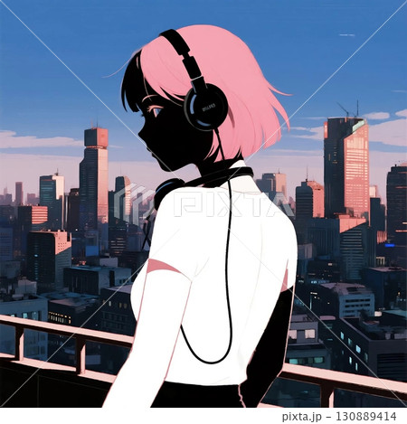 ヘッドフォンをしたピンク髪の女性のシルエットイラスト素材 130889414