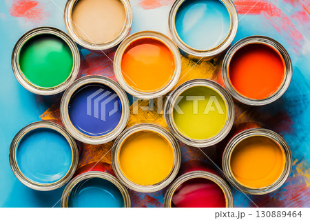 Open multicolored paint cans in flat lay view Generation AI 130889464