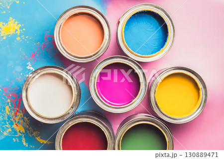 An open multicolored paint cans in flat lay Generation AI 130889471