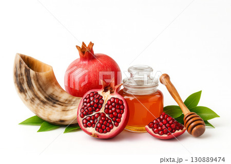 Rosh Hashanah, solemn observance of Jewish Holiday New Year, is marked by traditional symbols such as apples, honey, pomegranates, shofar. 130889474