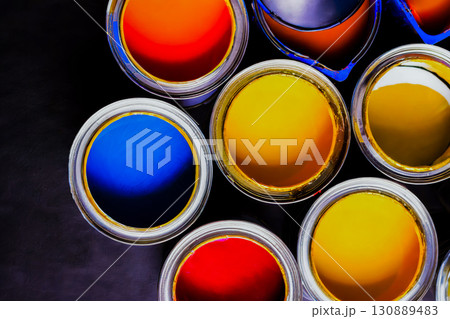 Flat lay of open paint cans in multiple colors Generation AI 130889483
