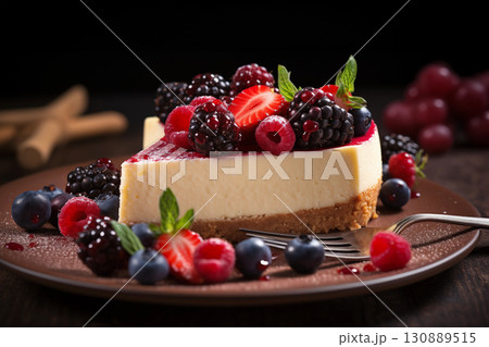 Healthy organic dessert features classic plain New York Cheesecake slice topped with fresh strawberries, raspberries, mint Generation AI 130889515