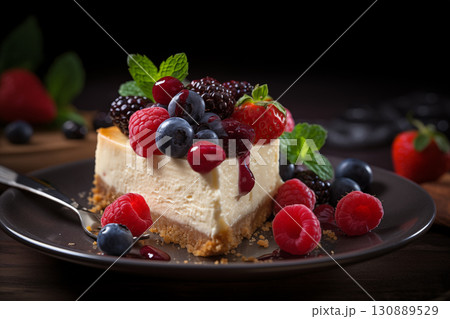 Classic plain New York Cheesecake slice with fresh berries strawberry raspberries mint is healthy organic dessert Generation AI 130889529