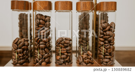 コーヒー豆が並ぶガラス容器 130889682