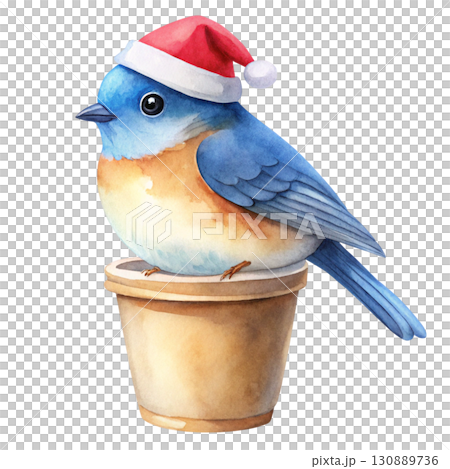 Cute fluffy robin bird wearing a Santa hat sitting on top of a paper coffee cup clipart watercolor white background  130889736