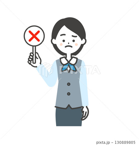 不正解の札を持つジレにスカーフスタイルの制服を着た女性のイラスト 不正解の札を持つジレにスカーフスタイルの制服を着た女性のイラスト 130889805
