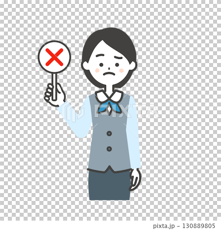Illustration of a woman wearing a scarf-style uniform and a gilet holding an incorrect answer card Illustration of a woman wearing a scarf-style uniform and a gilet holding an incorrect answer card 130889805