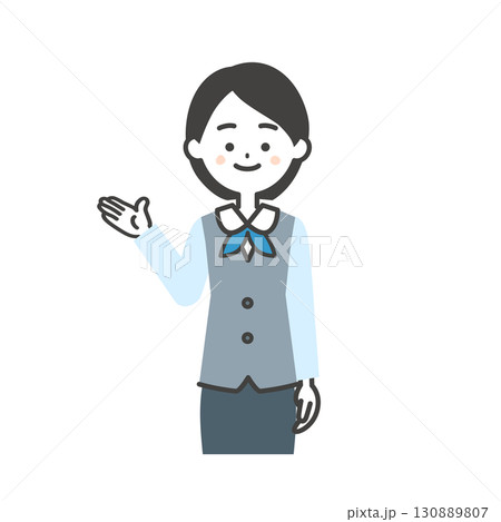 手で指すジレにスカーフスタイルの制服を着た女性のイラスト 手で指すジレにスカーフスタイルの制服を着た女性のイラスト 130889807