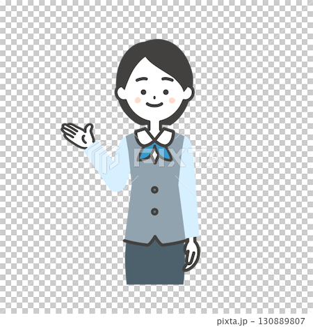 Illustration of a woman wearing a scarf-style uniform and a gilet pointing with her hand Illustration of a woman wearing a scarf-style uniform and a gilet pointing with her hand 130889807