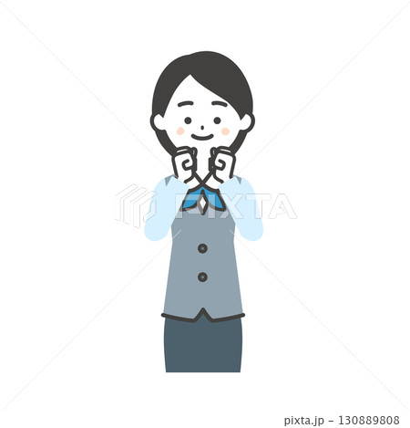 両手でガッツポーズするジレにスカーフスタイルの制服を着た女性のイラスト 130889808