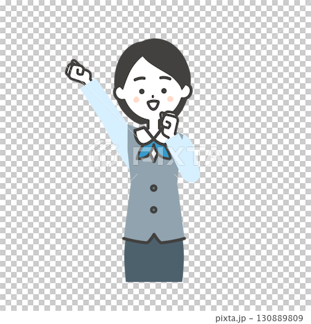 ガッツポーズするジレにスカーフスタイルの制服を着た女性のイラスト 130889809