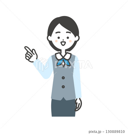 指を差すジレにスカーフスタイルの制服を着た女性のイラスト 指を差すジレにスカーフスタイルの制服を着た女性のイラスト 130889810