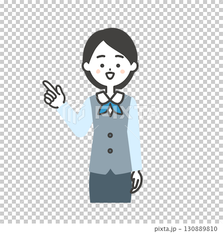 指を差すジレにスカーフスタイルの制服を着た女性のイラスト 指を差すジレにスカーフスタイルの制服を着た女性のイラスト 130889810