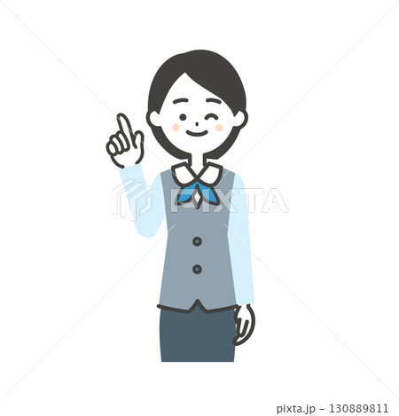指を立ててウインクするジレにスカーフスタイルの制服を着た女性のイラスト 130889811