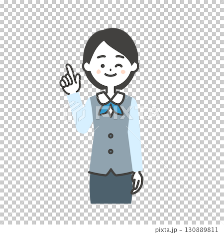 指を立ててウインクするジレにスカーフスタイルの制服を着た女性のイラスト 130889811