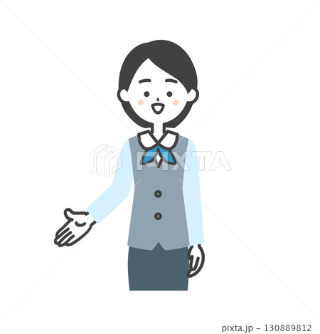手で下の方を指すジレにスカーフスタイルの制服を着た女性のイラスト 130889812