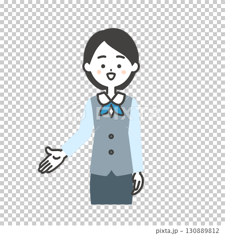 手で下の方を指すジレにスカーフスタイルの制服を着た女性のイラスト 130889812