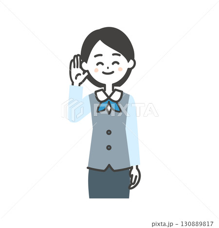 手を耳にあてるジレにスカーフスタイルの制服を着た女性のイラスト 手を耳にあてるジレにスカーフスタイルの制服を着た女性のイラスト 130889817