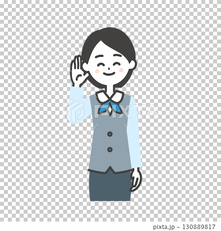手を耳にあてるジレにスカーフスタイルの制服を着た女性のイラスト 手を耳にあてるジレにスカーフスタイルの制服を着た女性のイラスト 130889817