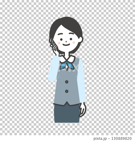 圖解：一位身穿圍巾制服和背心的女士正在用智慧型手機通話 130889820