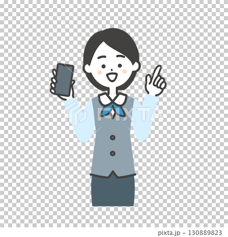 圖：一位身穿圍巾制服和背心、手持智慧型手機的女士 130889823
