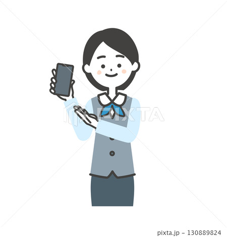 スマホを指すジレにスカーフスタイルの制服を着た女性のイラスト 130889824