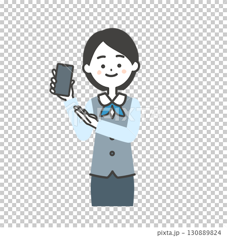 スマホを指すジレにスカーフスタイルの制服を着た女性のイラスト 130889824