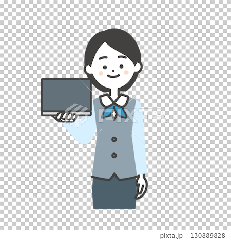 圖解：一位女士身穿圍巾制服，身穿背心，手裡拿著一台筆記型電腦 130889828