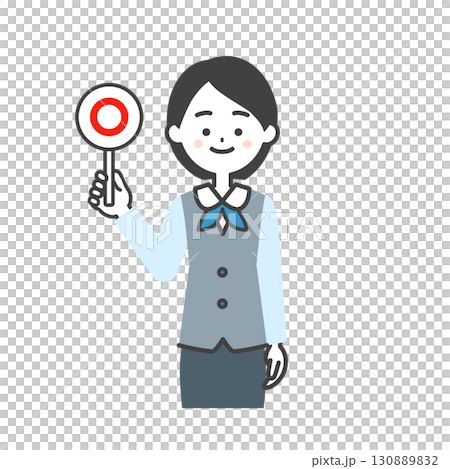 正解の札を持つジレにスカーフスタイルの制服を着た女性のイラスト 130889832