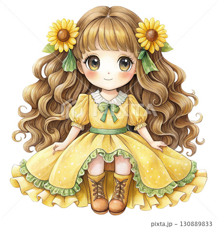 Cute girl with sunflowers in the morning clipart watercolor white background  130889833