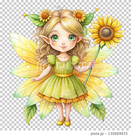 Cute girl with sunflowers in the morning clipart watercolor white background  130889835