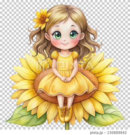 Cute girl with sunflowers in the morning clipart watercolor white background  130889842