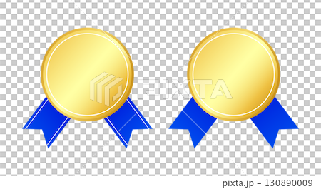 豪華金牌和藍絲帶向量插圖集 豪華金牌和藍絲帶向量插圖集 130890009